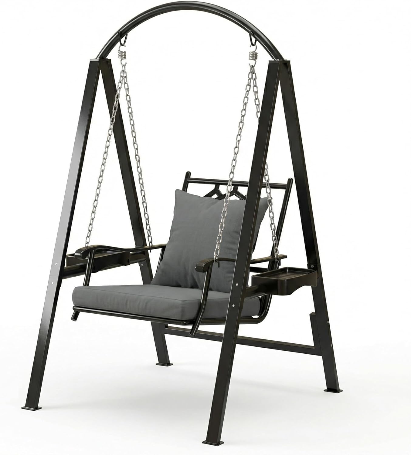 Pamapic Porch Swing with Stand, 350lbs Heavy-Duty Metal Frame Outdoor Swing for Adults with Dual Side Trays, Adjustable Chains, Zippered Removable Cushion for Balcony, Backyard, Garden, Black