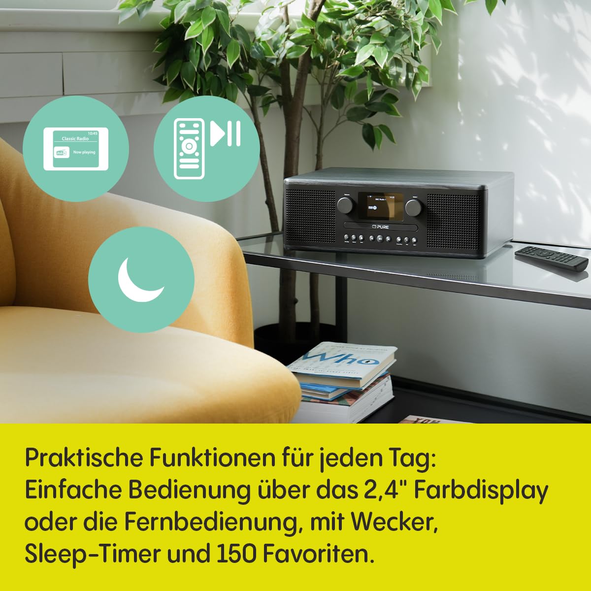 Pure Classic C-D6i – All-in-One Internetradio mit WLAN, DAB+/FM, Bluetooth 5.3, CD-Player, USB, AUX, 150 Speicherplätze, 2X 15W Stereo-Sound, Farbdisplay, Wecker & Sleep-Timer – Schwarz