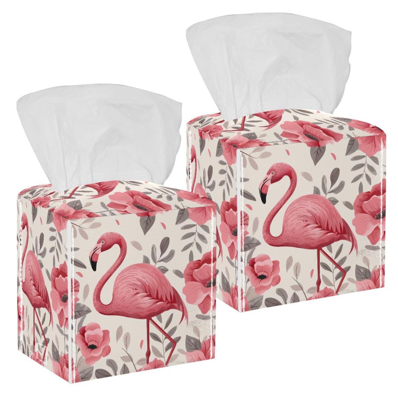 Flamingo Tissue Box Cover, 2 Pack PU Leather Square Facial Tissue Dispenser Box holder for Home Office Car