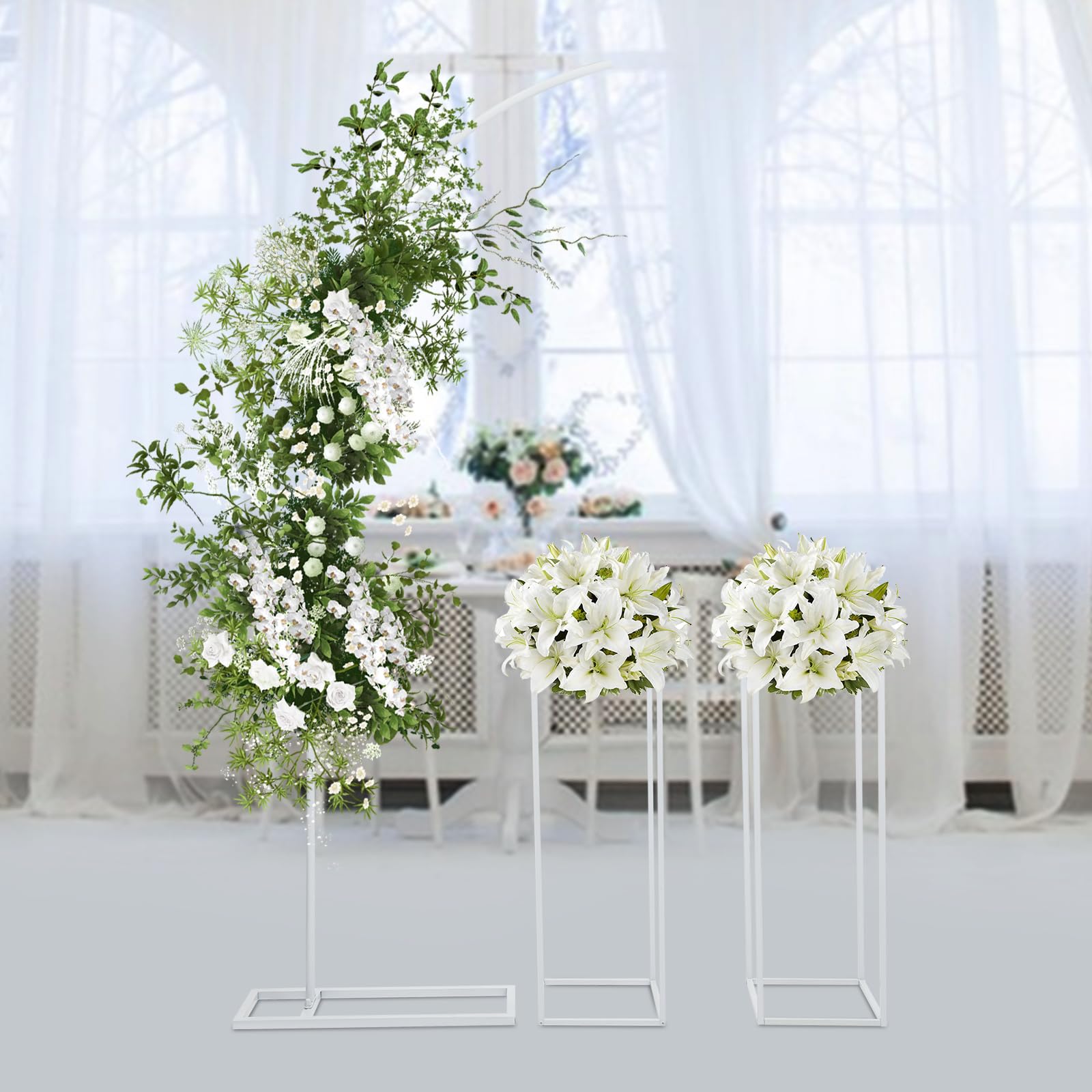 Hochzeitsbogen Ballonbogenständer und 2 Blumenständer Modern Verlobung Deko Bogenhintergrundständer für Partys Geeignet für Hochzeiten Partys Bankette Büffets Hintergrunddekorationen usw (Weiß)