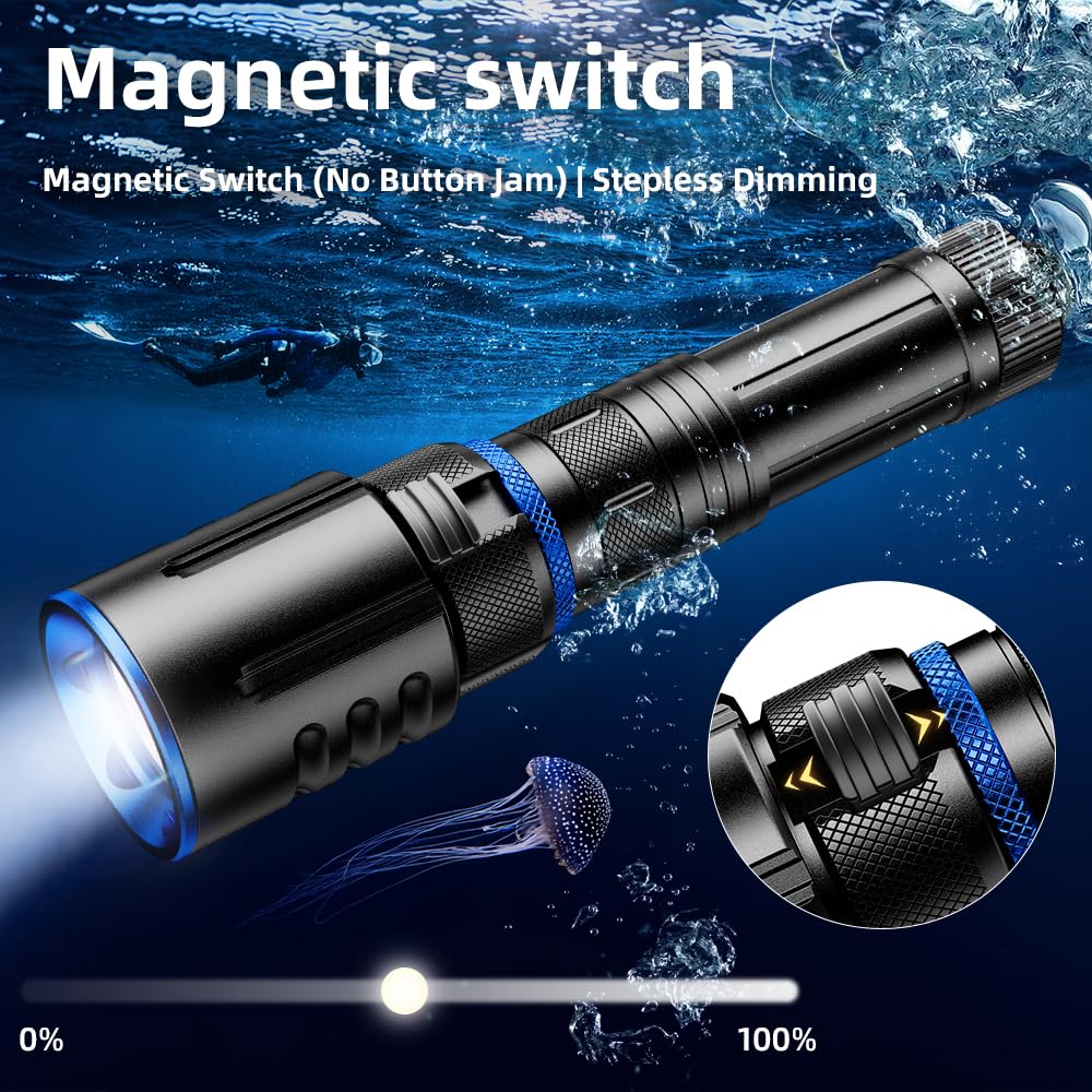 Torcia subacquea, 2000 lumen, torcia subacquea a LED, ricaricabile, impermeabile, luce sottomarina per immersioni notturne in grotte profonde