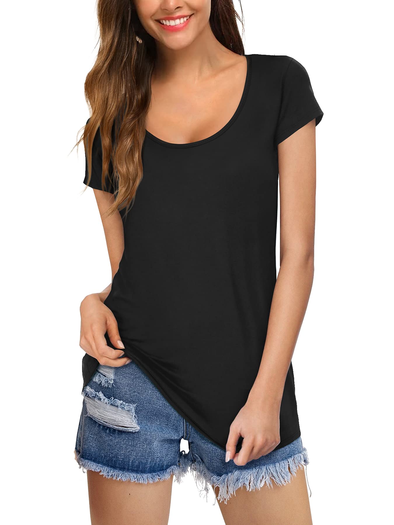 Dittyandvibe Tshirts Women's Soft V-Neck T-Shirt With Curved Hem - Casual Short Sleeve Top Soft Short Sleeve Tops