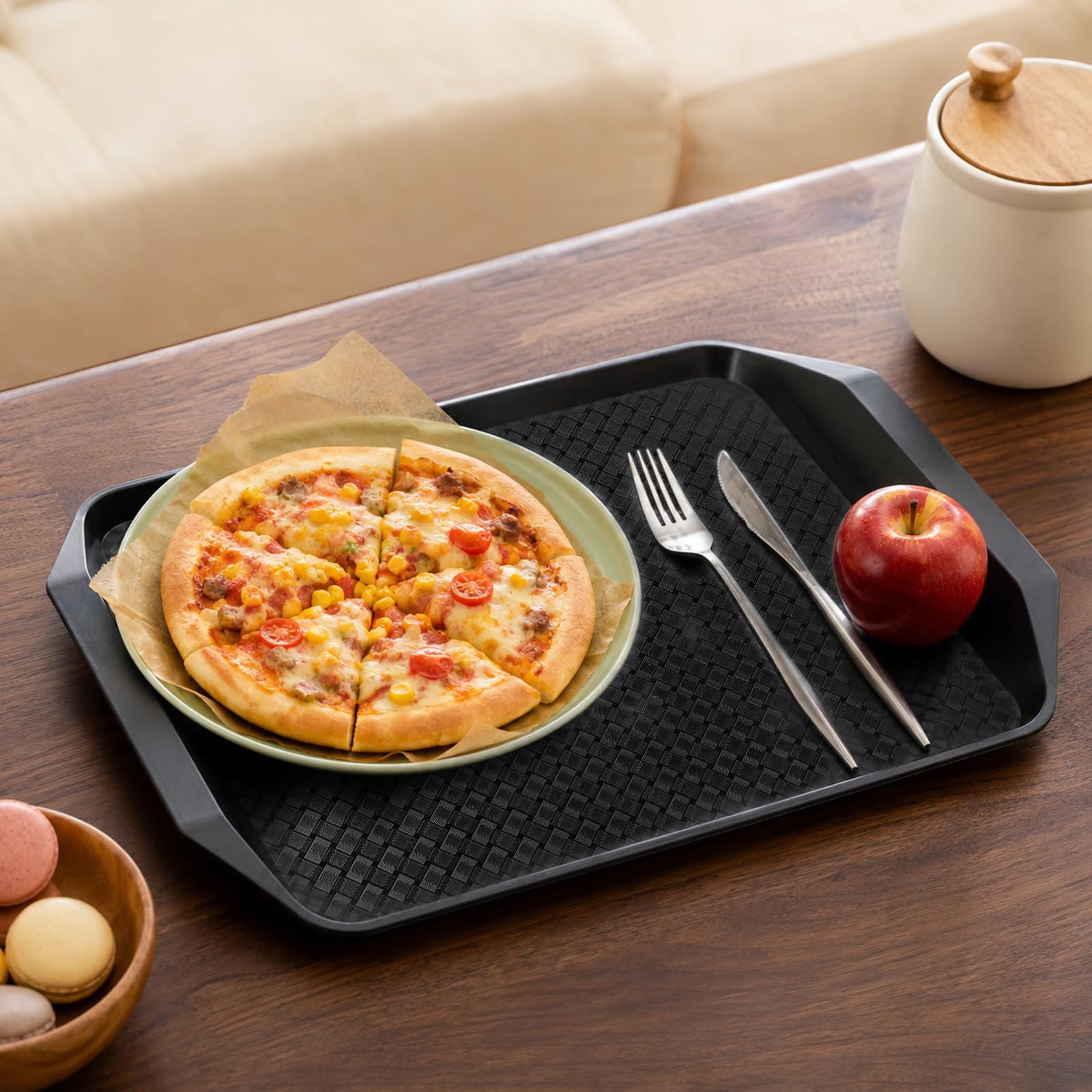 Juego de 12 bandejas de plástico negro, 43 x 30 cm, bandeja de cantina, rectangular, antideslizante, bandeja de comida rápida, apilable y fácil de limpiar, para restaurante, cafetería, bar