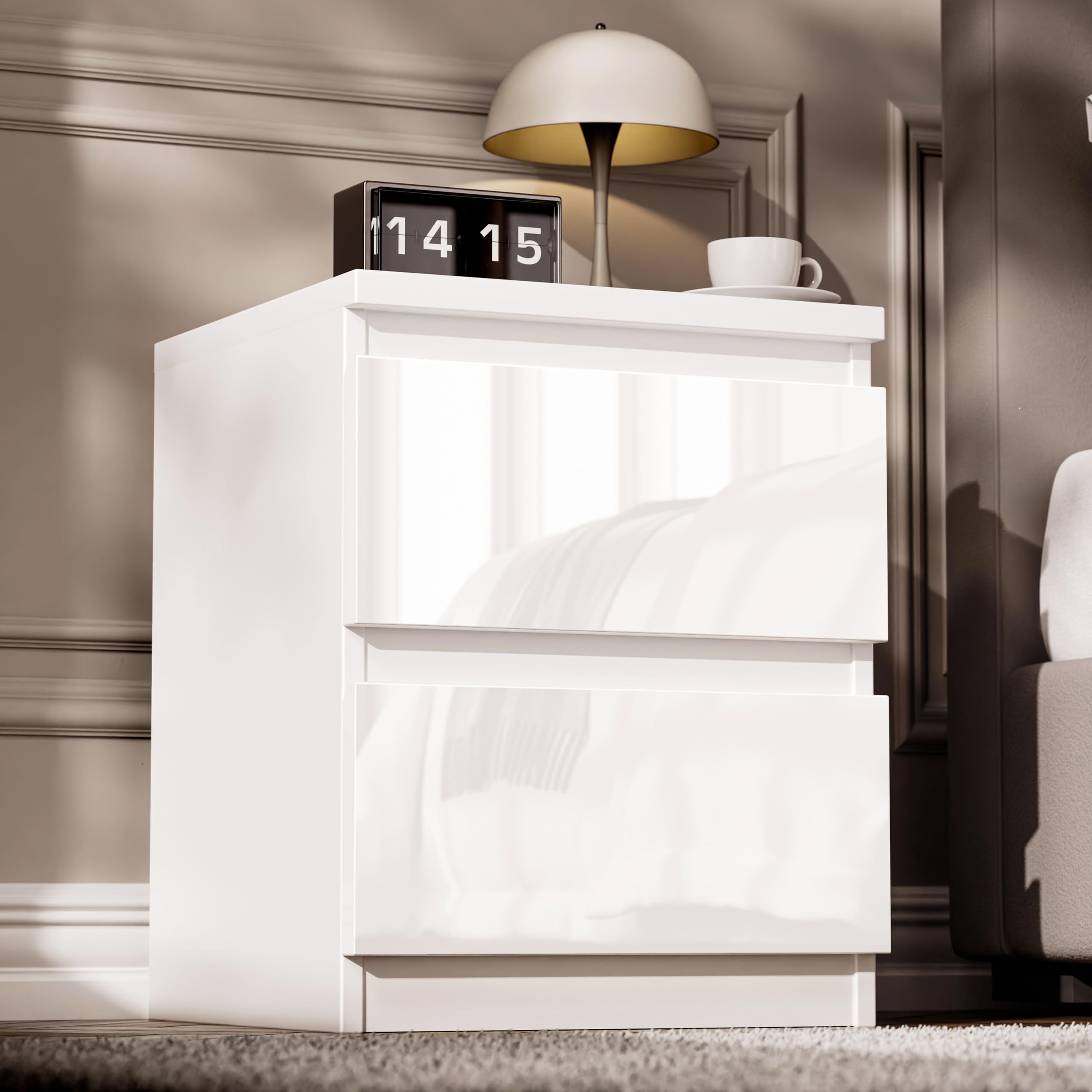 Blisswood High Gloss Chest of Drawer, 2 Drawer Bedroom Chest of Drawer Bedside Table Cabinet for Bedroom Living room Furniture (White, 42W x 40D x 55H cm)