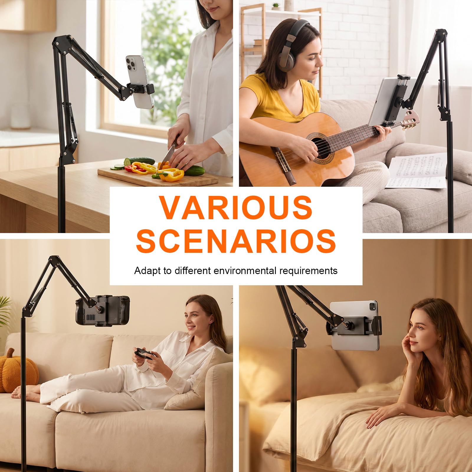 Supporto Tablet da Pavimento, Supporto Tablet da Terra Regolabile, Supporto Tablet da Letto e Divano, Braccio Articolato Regolabile, Rotazione 360°, Morsetto 12–25 cm per Smartphone e Tablet