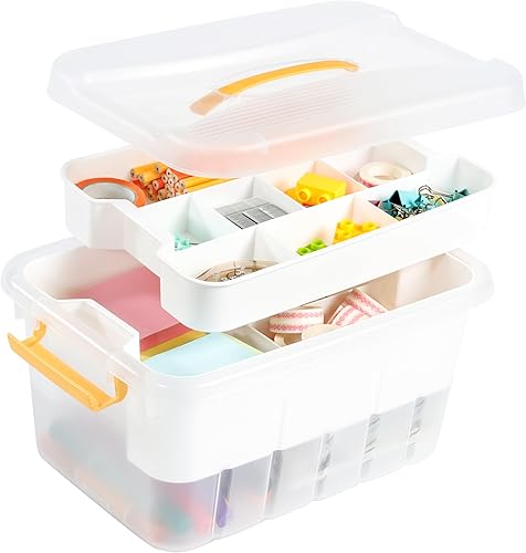 ihomecooker Caja de almacenamiento de plástico de 13 cuartos de galón con bandeja extraíble, organizadores de manualidades y contenedor de