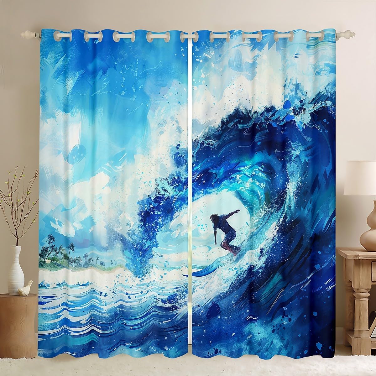 Erosebridal Sea Surfing Blackout Curtains Surfing Lover Window Curtains 2 Panels,52X63 Inch,Blue Wave Window Treatments Drapes for Kids Girls Boys Watercolor Graffiti Curtain