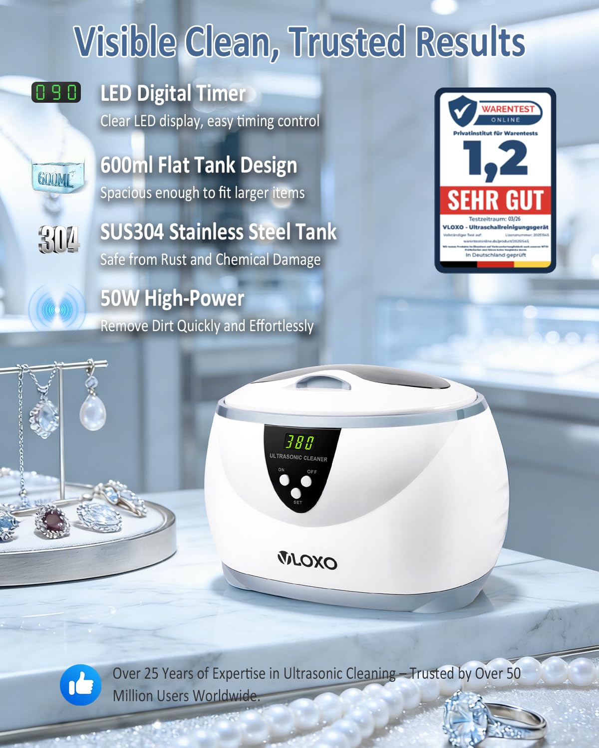 VLOXO Ultraschallreinigungsgerät 42-47kHz 600ml 50W mit Timer & Anzeige