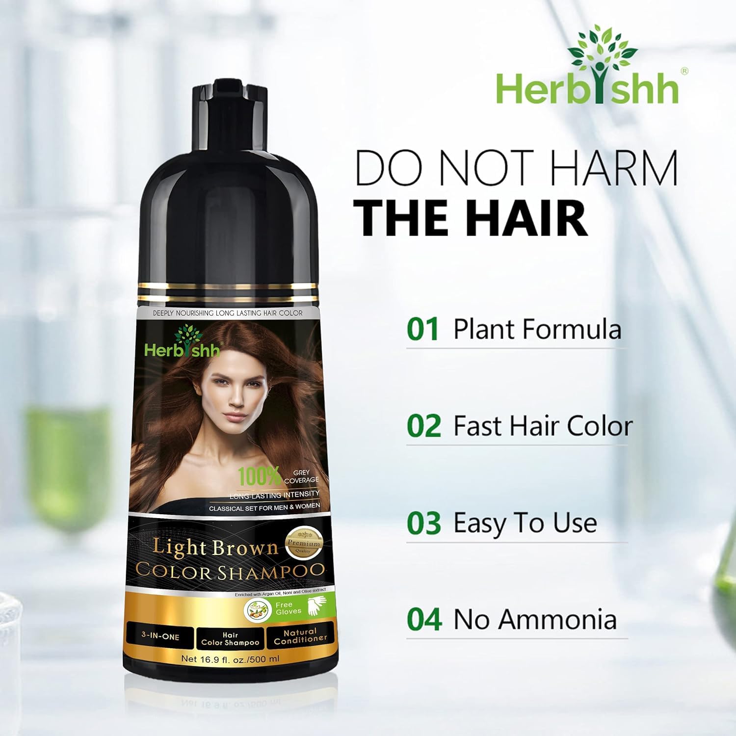 Herbishh Hellbraunes Haarfarben-Shampoo – 3-in-1 Magic Dye für graues Haar 500 ml + Universal-Haartrockner-Diffusor – verstellbar 3,5–8 cm, Drehclip für lockiges und welliges Haar, gleichmäßige Hitze