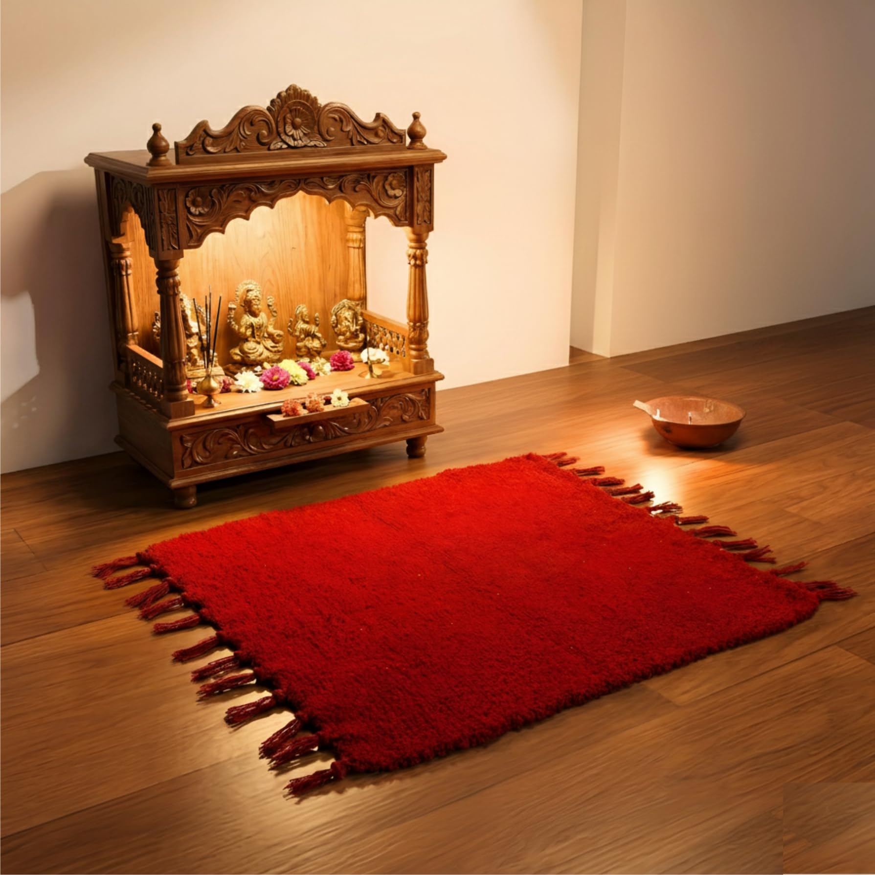 Gellon Traditional Cotton Prayer Mat for Puja, Red Asan for Prayer, Sitting, Meditation, Small Carpet Mat Rug for Floor in 24 x24 Inch in Red Color