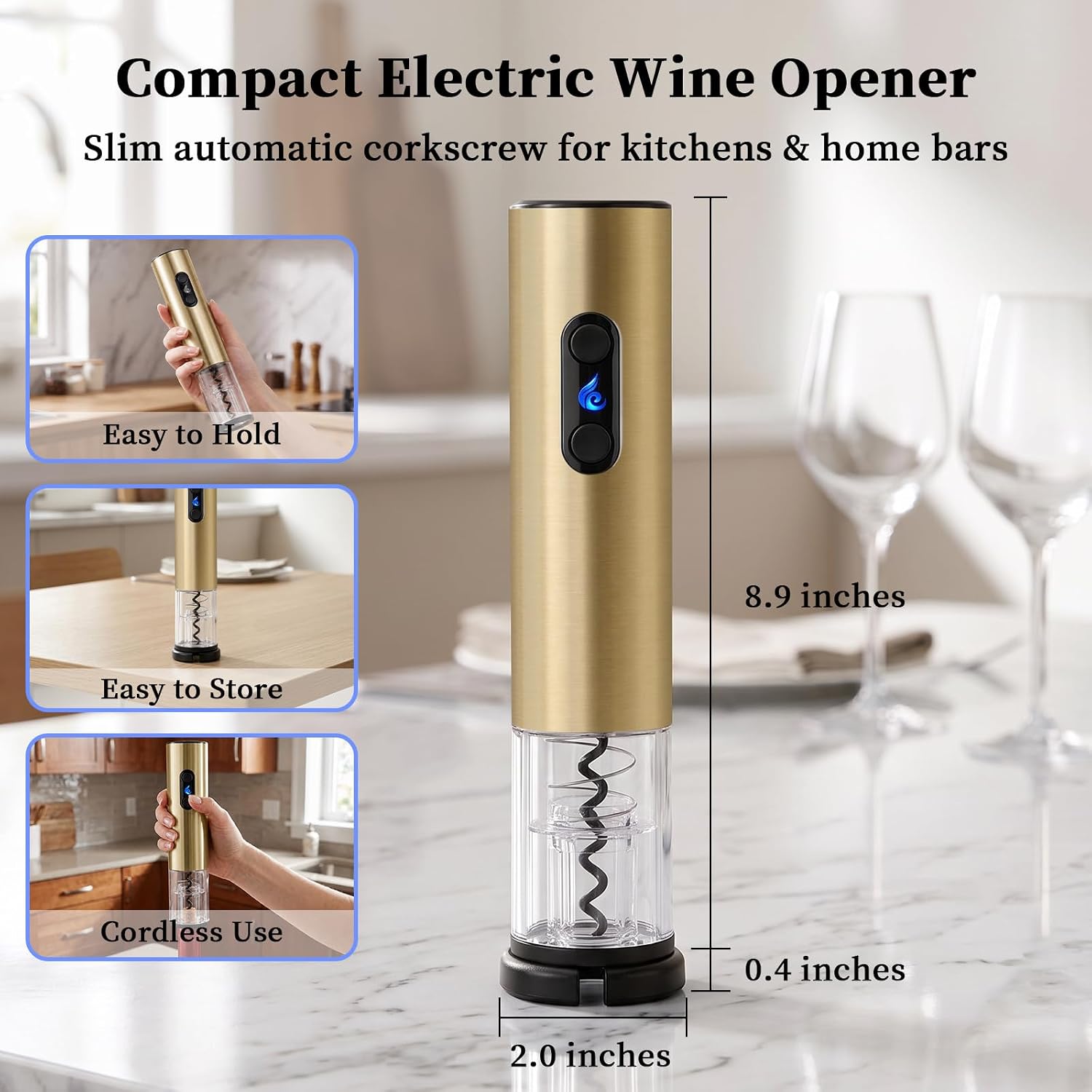 Electric Wine Opener with Foil Cutter, Automatic Wine Bottle Corkscrew Opener, USB Rechargeable, Open 60 Bottles/Full Charged, Stainless Steel Body, Gold