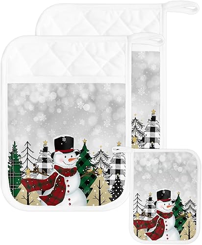 Winter Snowman 2Pcs Pot Holders for Kitchen, Non Slip & Heat Insulation Terry Cloth Potholder Set with Pocket, Thick Hot Pad Oven Mitts Trivet