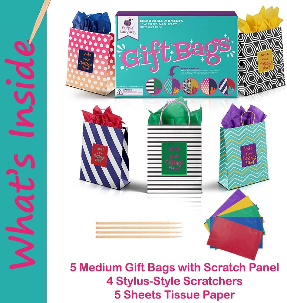 Weekly Top Sale PURPLE LADYBUG 5 Medium Gift Bags with Handles & Scratch Paper Panel for Customization - Medium Size Bulk Gift Bag with 5 Unique Designs for Birthday, Easter, Party Favors, & More - Patent-Pending Black Friday Sale 2022 PURPLE LADYBUG 5 Medium Gift Bags with Handles & Scratch Paper Panel for Customization - Medium Size Bulk Gift Bag with 5 Unique Designs for Birthday, Easter, Party Favors, & More - Patent-Pending
