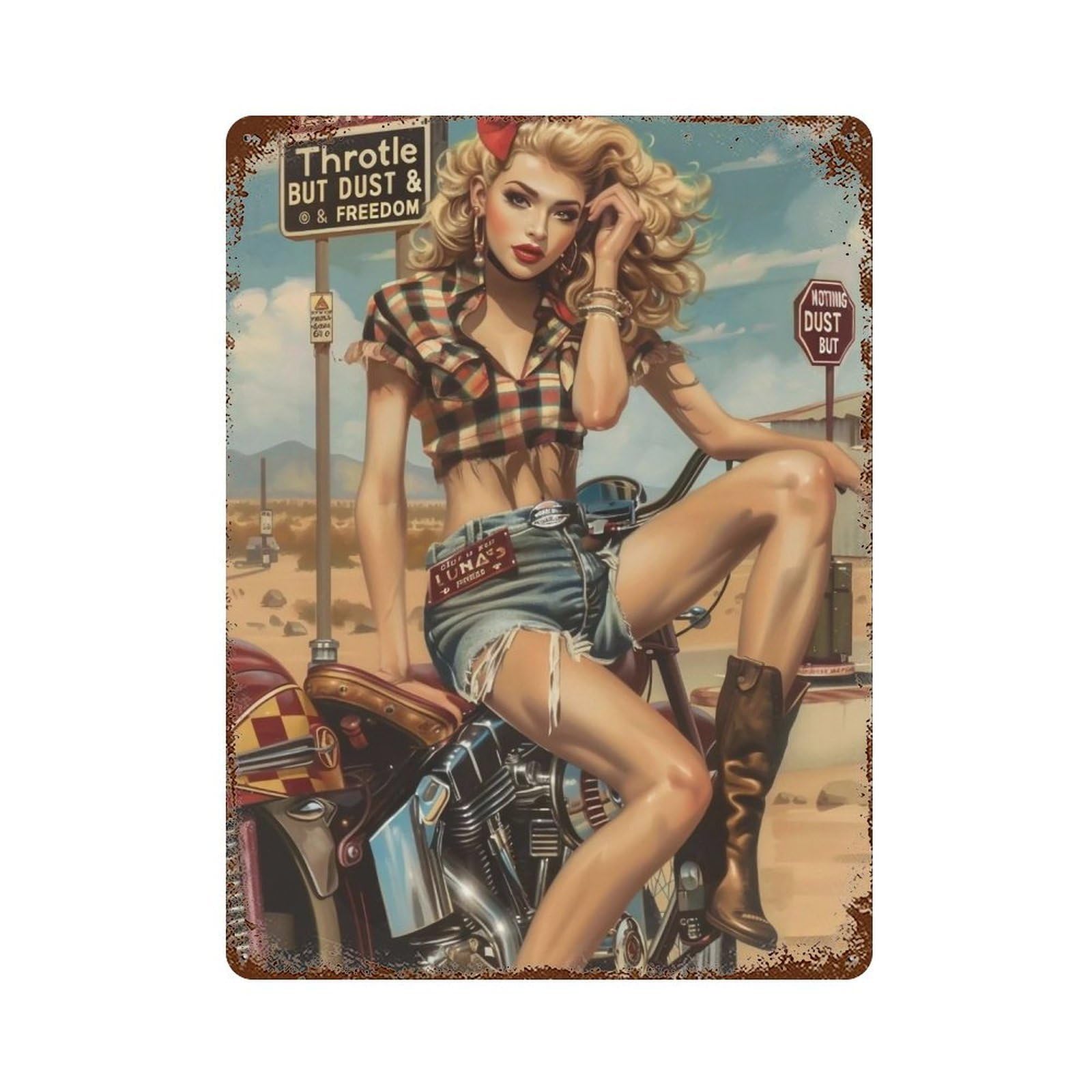 FHUYEURHRY Route 66 Pin Up Cowgirl Motorcycle 04 Wall Decor Retro Iron Vintage Art Metal Tin Sign Poster Modern Home Cofffee Club Art Bar Shop Decorations Style 40x30cm