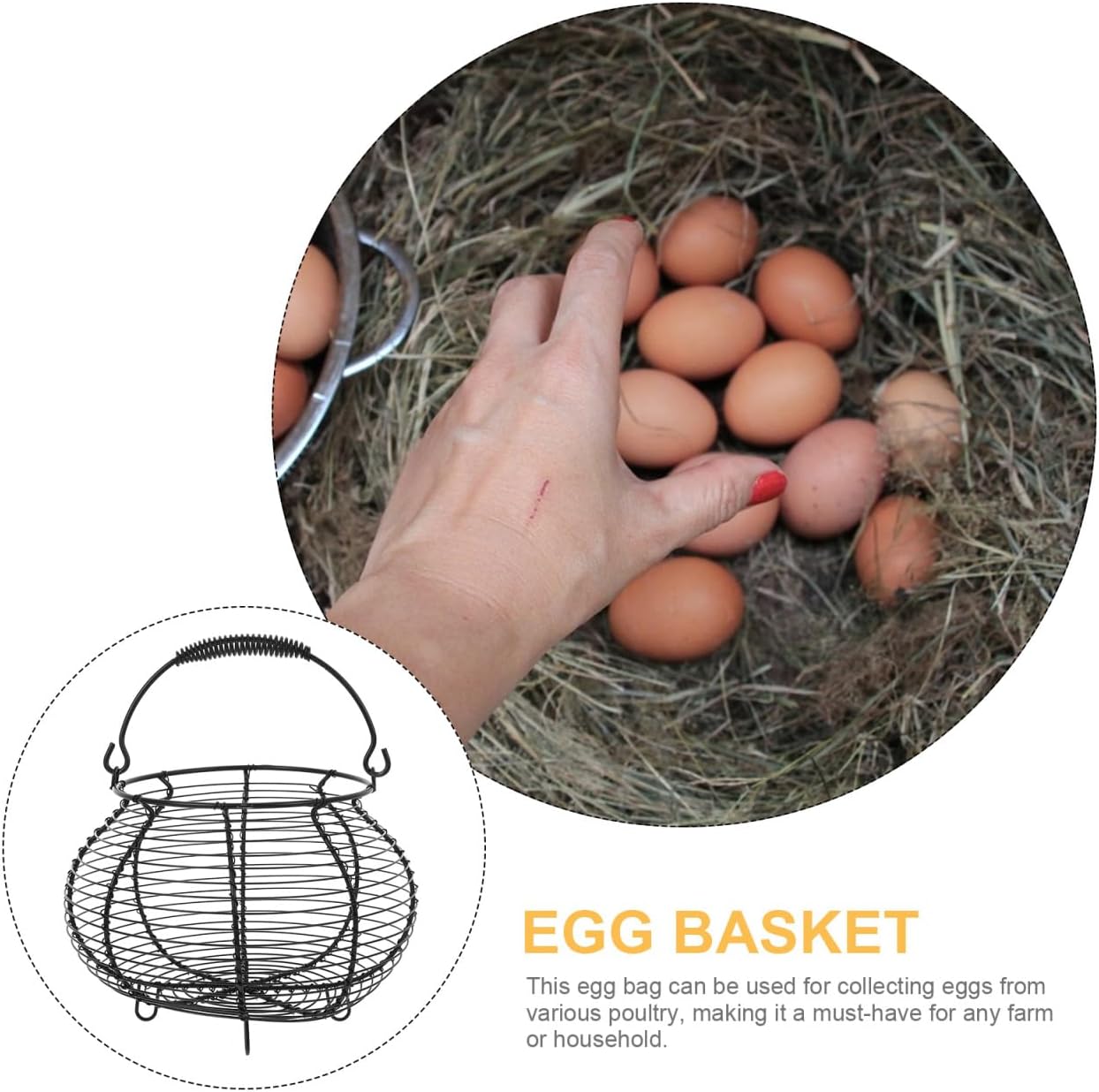 Metal Wire Egg Basket Easter Farmhouse Round Iron Fruit Basket with Handle Egg Food Collecting Holder Countertop Kitchen Storage Rustic Table Spring Festival Party Centerpiece Decor, Black