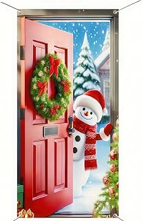 Smiling Snowman Door Banner with Red Door Wreath Festive Christmas Decoration for Home and Garden 71x35Inches snowman christmas decorations Polyester Fabric