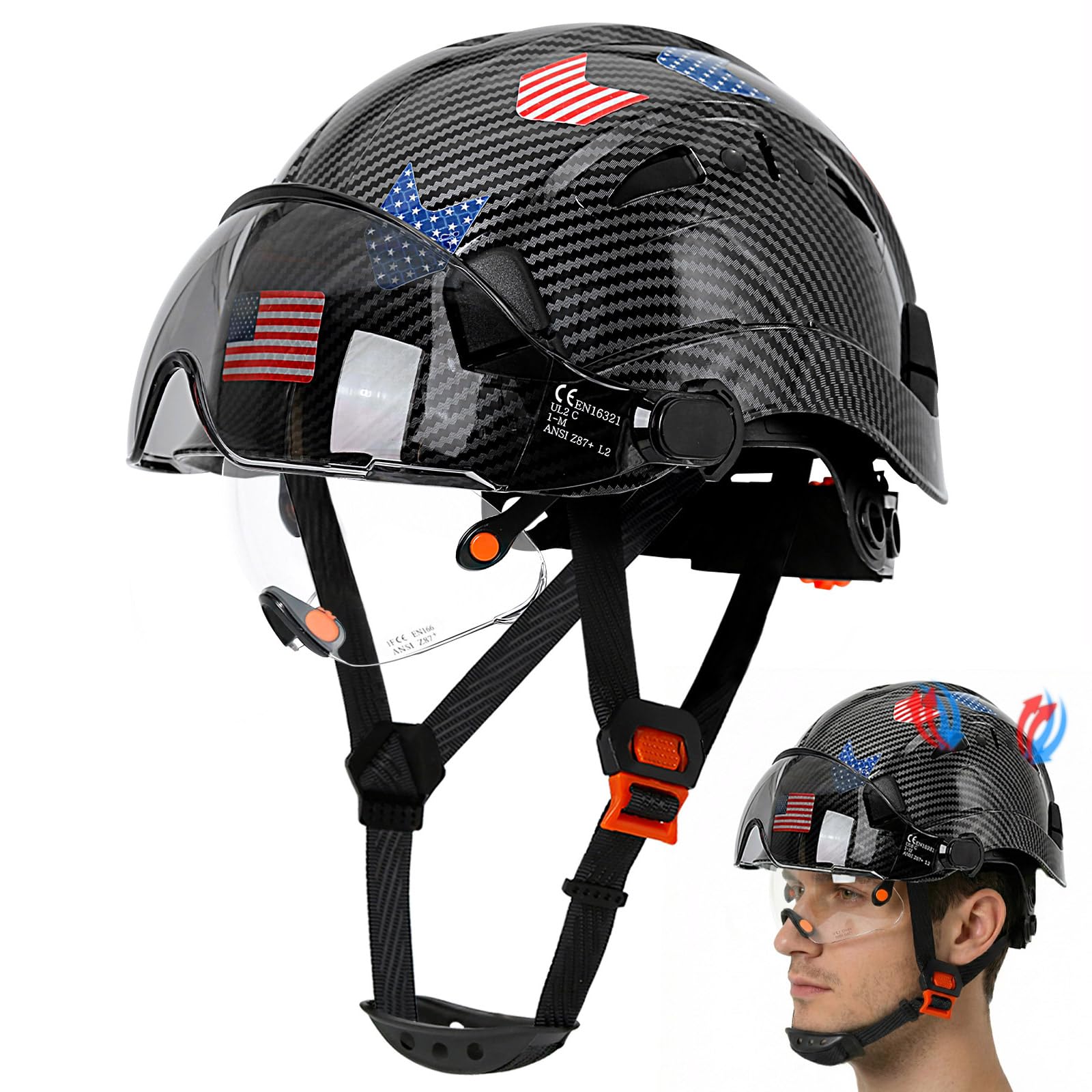 Aolamegs Safe Carbon Fiber Pattern Hard Hat with Visor - Hard Hats with Double Safety Glasses Construction OSHA Approved for Men,Vented Safety Helmet