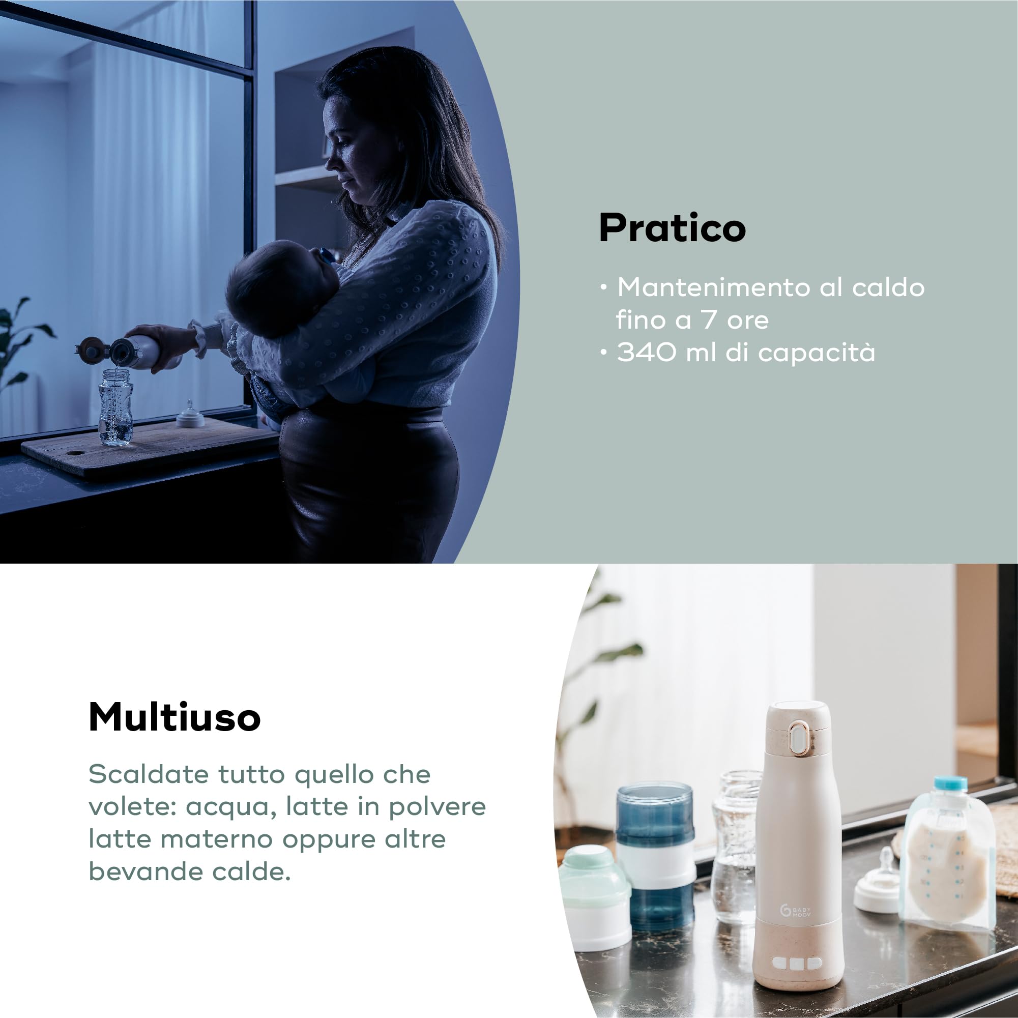 Babymoov Scaldabiberon da viaggio senza filo Moov & Feed- Capacità 340 ml-Acqua o latte materno-Temperatura regolabile- Mantenimento al caldo (fino a 7 ore)-Ricarica USB-Garanzia a vita- Mineral beige