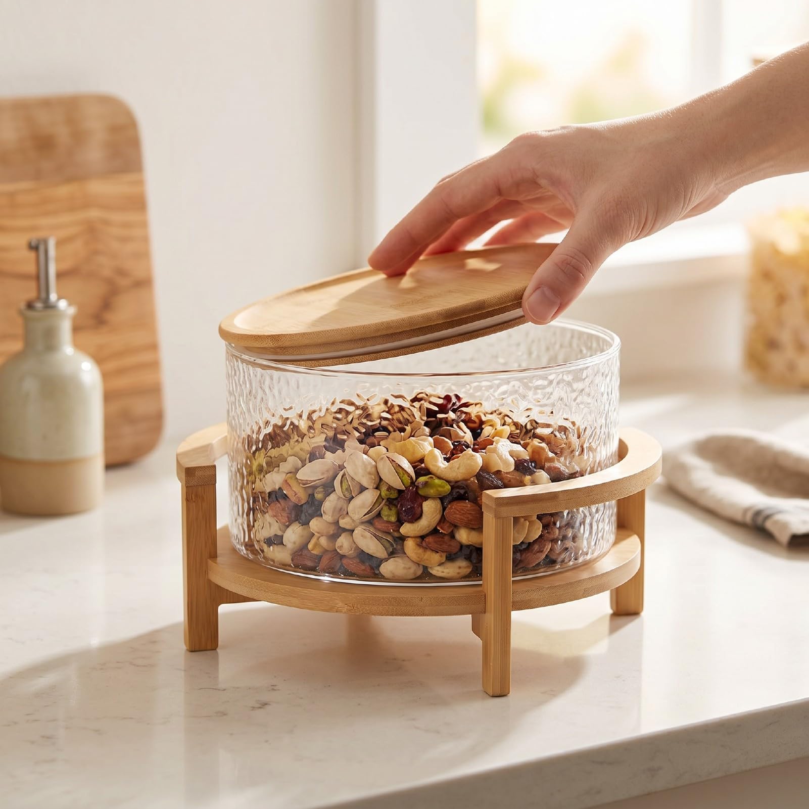 Qcwwy Cuencos de Vidrio para Mezclar, Juego de Ensaladera de Vidrio Grande de Cocina con Soporte de Madera de, Elegante Cuenco para Servir para Ensaladas, Pastas, Frutas y
