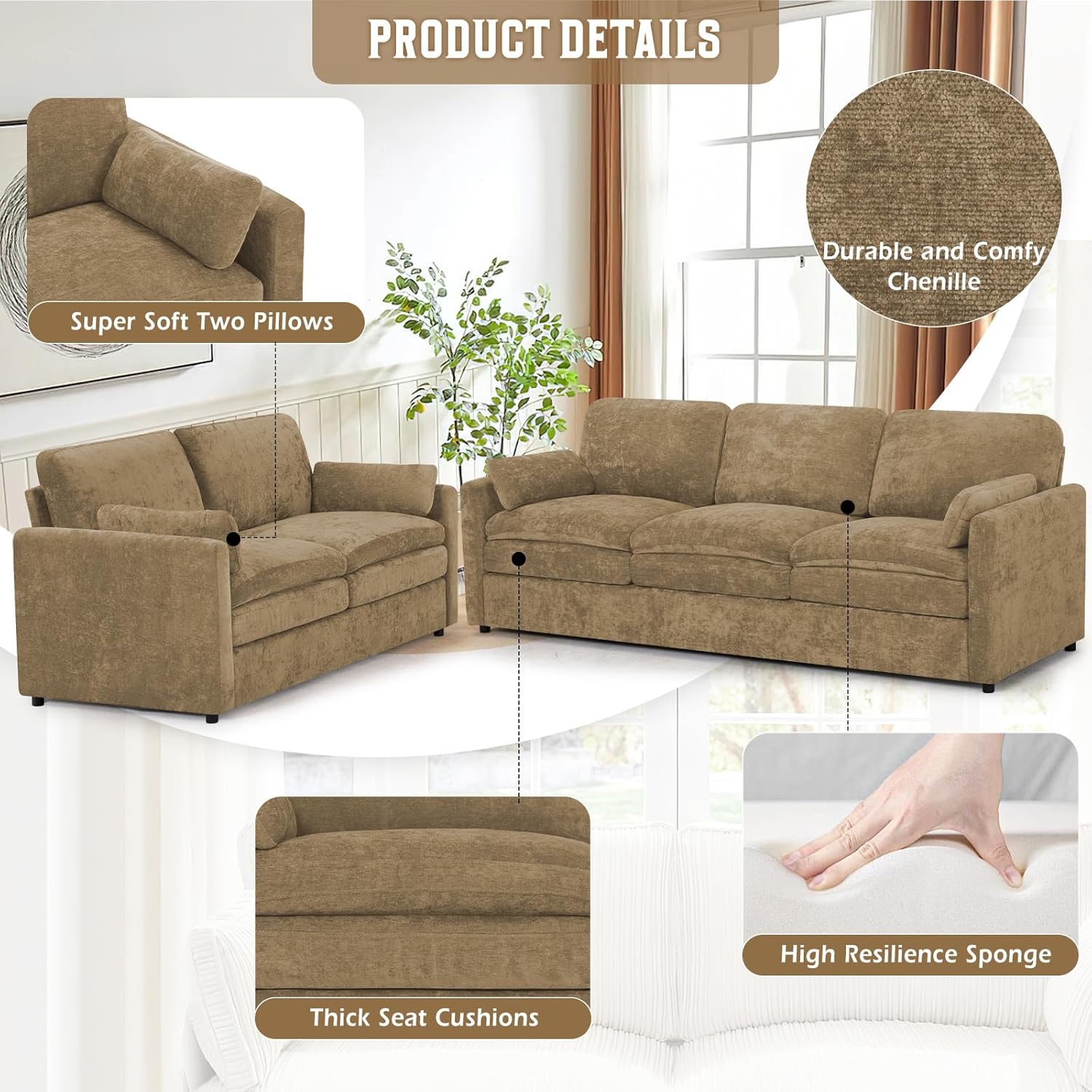 2 Pieces Chenille Sofa Set with Soft Pillows, Comfy 3-Seat and Loveseat Couch with Thickened Cushions, Modern Upholstered Sectional Sofa with Deeper Seats for Living Room, Apartment, Camel