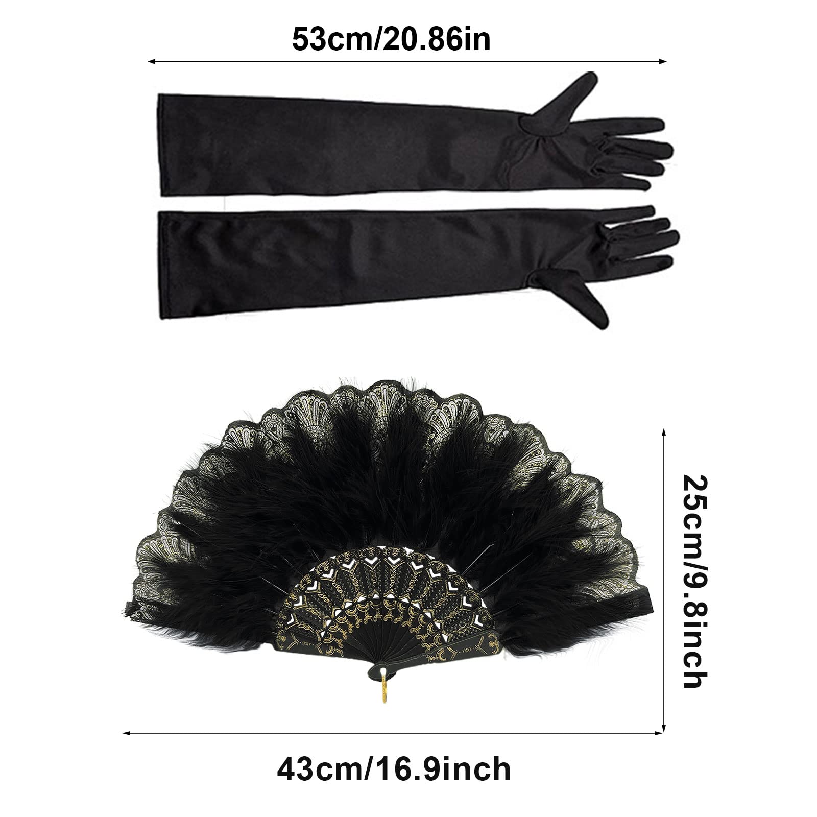 Éventail à Plumes Brodé Style Années 1920 - Pliable, Noir/Blanc - Pour Fête Vintage, Danse, Déco, Costume - 2
