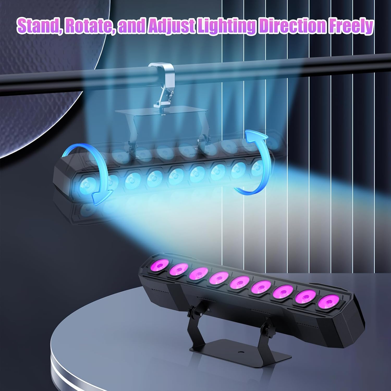 Diagram showing the light bar mounted on a truss and standing on a flat surface, with arrows indicating adjustable rotation.