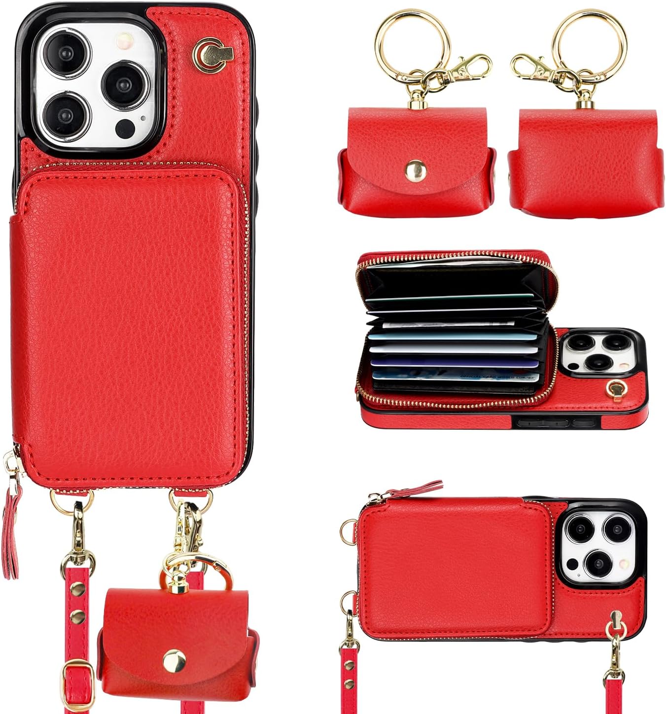 Bocasal A Multi Slots Crossbody Wallet Case for iPhone 15 Pro + A Slim Leather Case for AirPods Pro