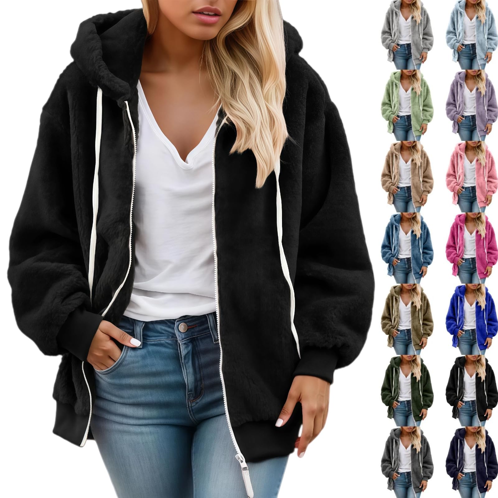 Womens Fleece Jacket Winter Warm Casual Full Zip Up Sherpa Lined Zip Up Hoodie Sweatshirt Coat With Pockets