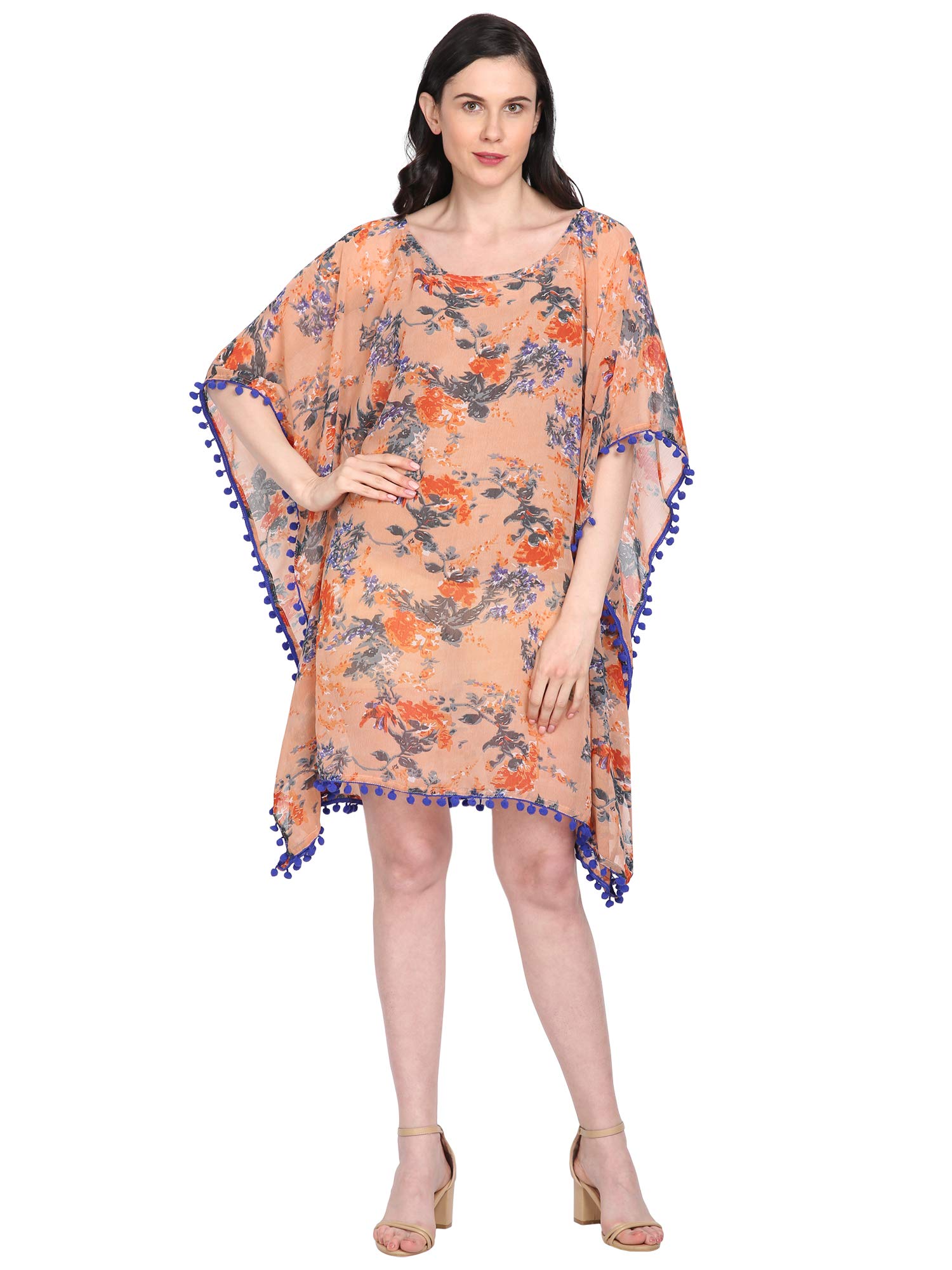 InTrend ForeverPeach Floral Printed Georgette Kaftan with Royal Blue Pompom Lace Trim Kimono Beach Coverup Casual Dress Top for Women Free Size