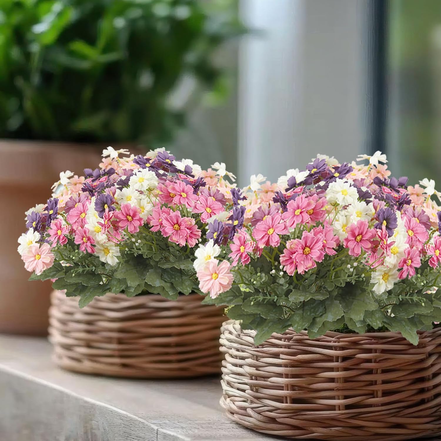 4 Pcs Artificial Daisy Flowers Outdoor UV Resistant Silk Flowers for Outside Pink Faux Daisy Bouquet Arrangement for Spring Summer Garden Porch Window Box Planter Front Door Patio Balcony Decor - Image 7