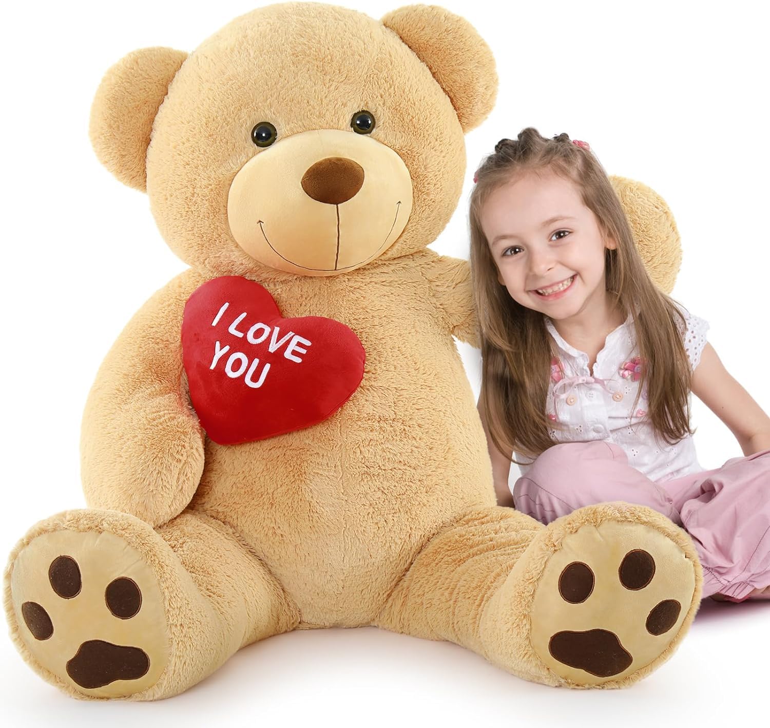 MorisMos 120cm/48in Giant I LOVE YOU Teddy Bear, XXL Large Cuddly Super Soft Teddybear 4ft, Fluffy Stuffed Teddys Plush Toy Birthday Gifts for Kids Girls Wife Girlfriend, Party Decor Light Brown