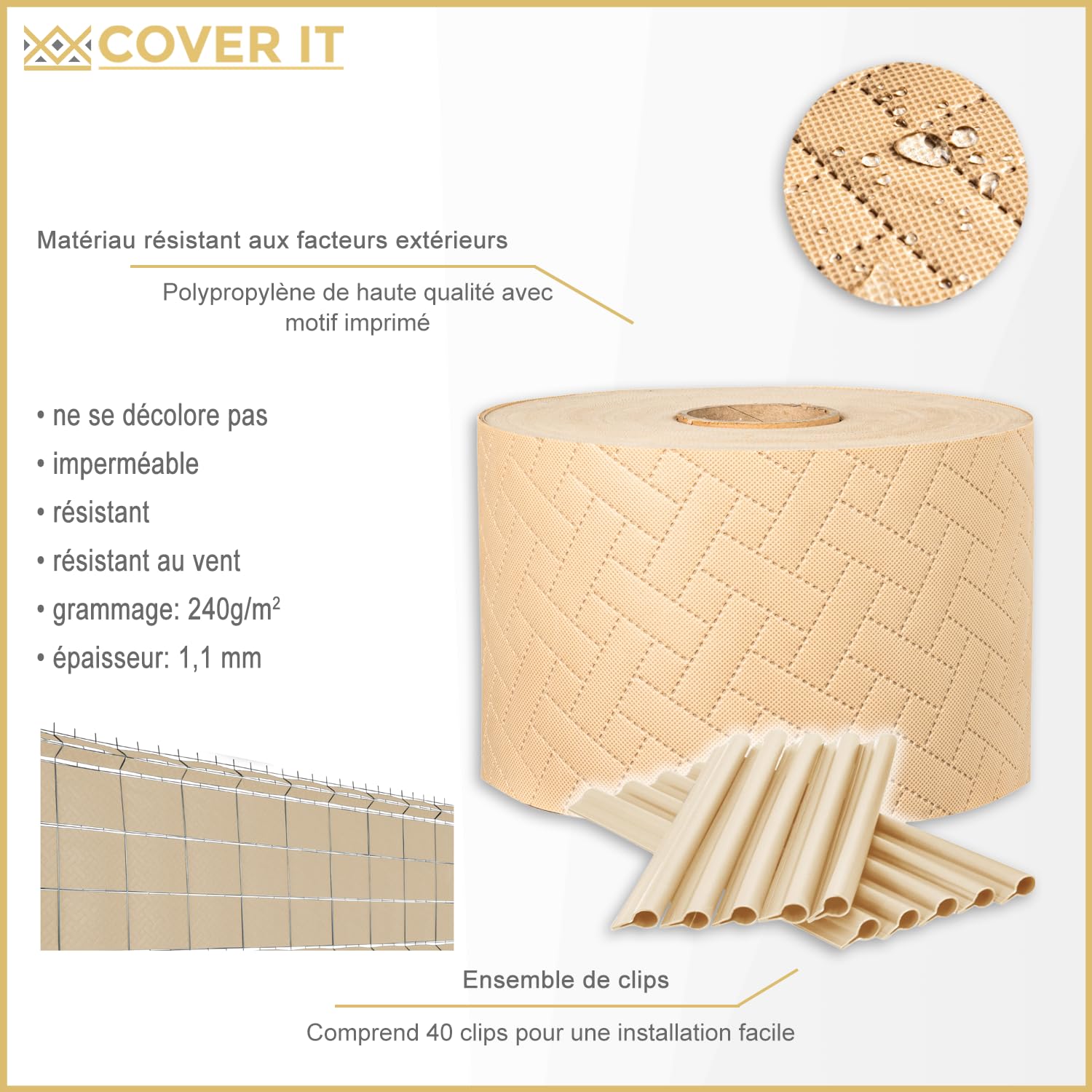 COVER IT Nastro Frangivista Beige PVC 240g/m² 19cm x 52m con 40 Clip – Nastro Privacy per Recinzione Giardino e Balcone – Copertura Ringhiera Esterna Resistente ai Raggi UV e Impermeabile
