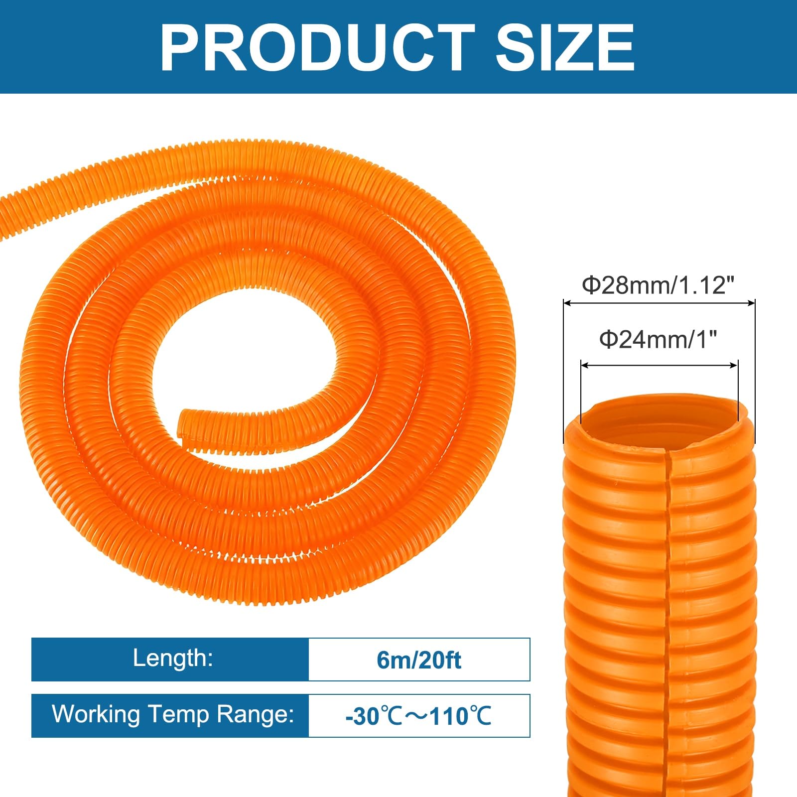 sourcing map Tube de protection flexible de 2,5 cm et 6,1 m avec outil d'installation - Gaine de gestion des câbles pour le bureau, la maison, les câbles électriques et automobiles, orange