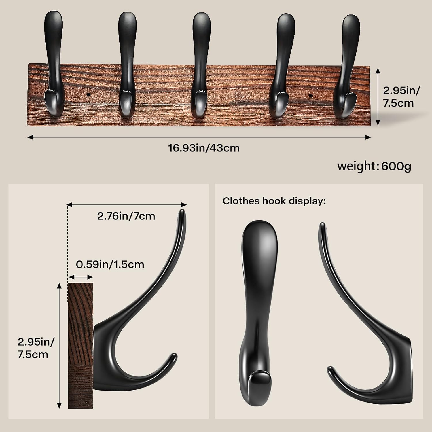 Coat Rack Wall Mount Natural Wood Plank with 5 Black Metal Hooks Hat Rack for Wal,l Hat and Towel Hanger for Hanging Coat, Bag, Key, Purse, Robe, for Entryway, Bedroom, Bathroom, Mudroom.