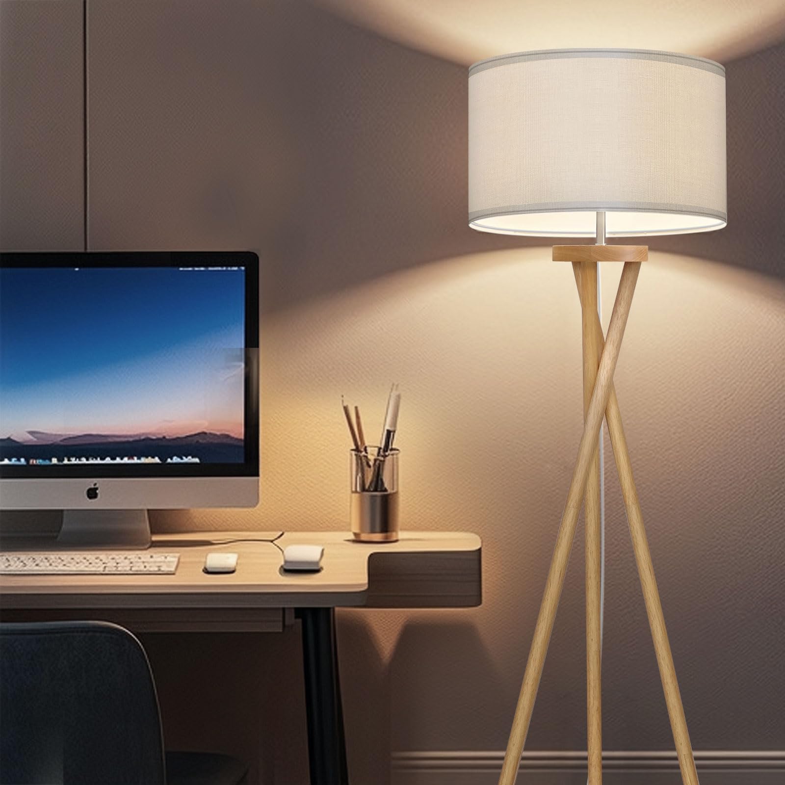 BBHome Lámpara de pie escandinava con bombilla LED E27 de 9 W, pantalla blanca, moderna para dormitorio, estudio y oficina