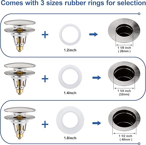 Miniatura 3 de Tapón Universal 3 en 1 para Lavabo de Baño - Tapón de Desagüe Emergente de Níquel Cepillado, Repuesto de Tapón de Lavabo con Núcleo de Bala