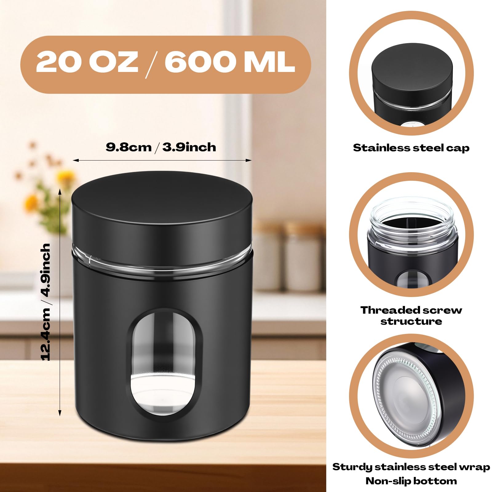 Patelai Set di 6 contenitori da cucina ermetici in acciaio inox da 590 ml, contenitori per alimenti con finestra in vetro, barattoli per caffè, zucchero, caramelle, tè, per farina, biscotti, spezie