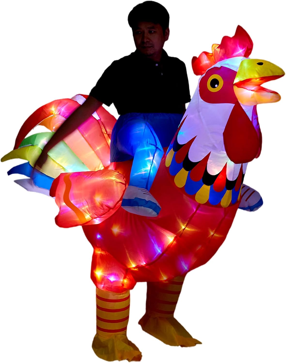 Adult Inflatable Chicken Costumes, LED Light Up Ride-on Rooster, Fancy Dress Funny Jumpsuit Cosplay Halloween Costume for Men Women Birthday Christmas (Chicken, Adult)