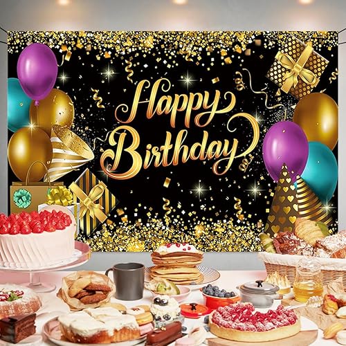 Miniatura 4 de Telón de fondo de fiesta de cumpleaños negro y dorado con purpurina, globo negro y dorado, pancarta de feliz cumpleaños, fondo de fotografía de lujo