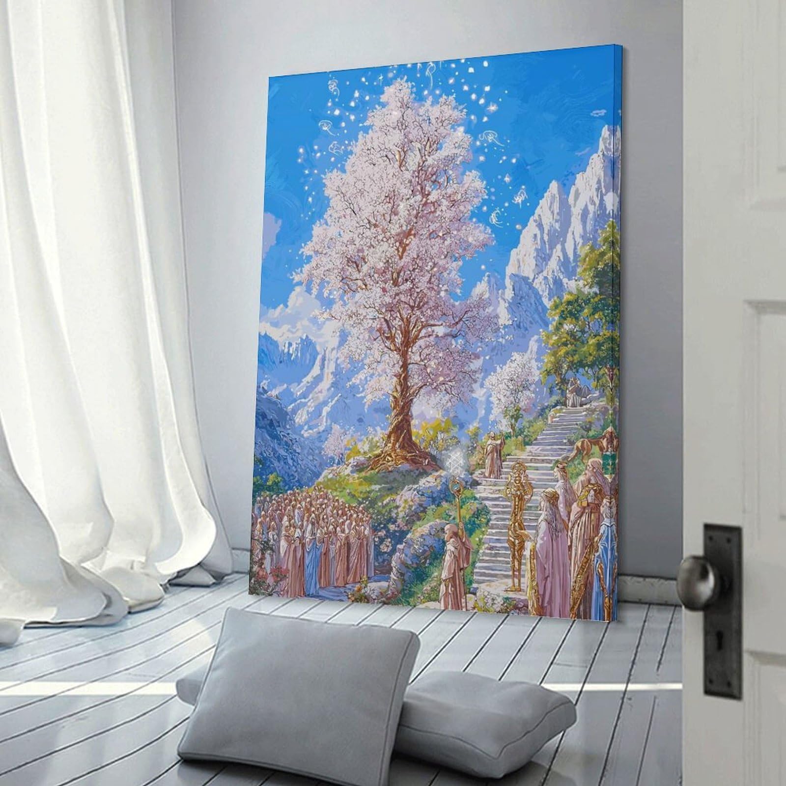 Junmoney Fantasy Tree with Monks And Mountains Canvas Art Print 12x18inch(30x45cm), for New Homes, Bedrooms Or Workspaces, Gift Idea for Housewarming And Birthdays