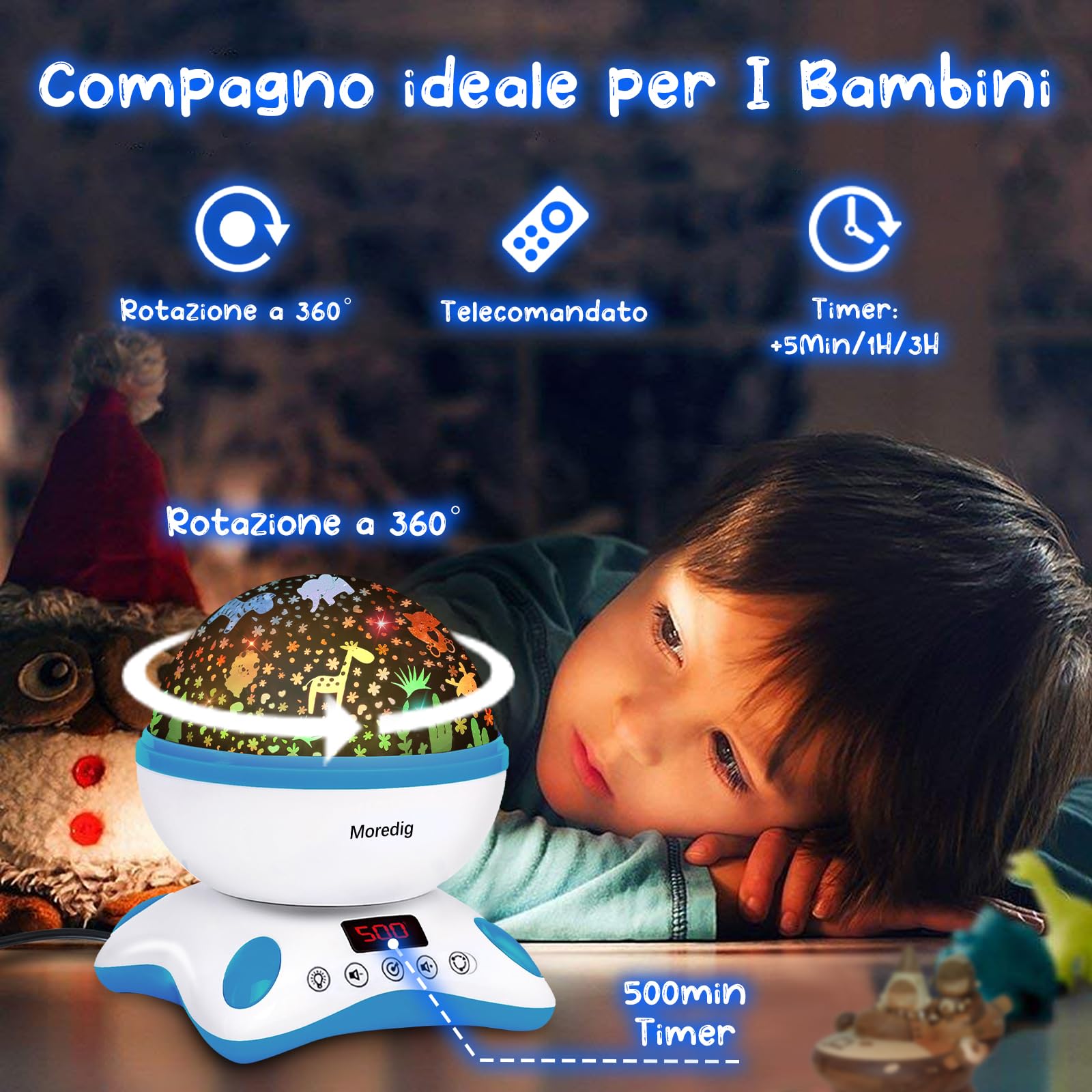 Moredig Proiettore Stelle Soffitto Bambini, Luce Notturna Bambini - 360° Lampada Proiettore +12 Musica+8 Color+Timer Auto, Decorazioni Stelle Luminose Cameretta, Regali per Neonato, Bambini