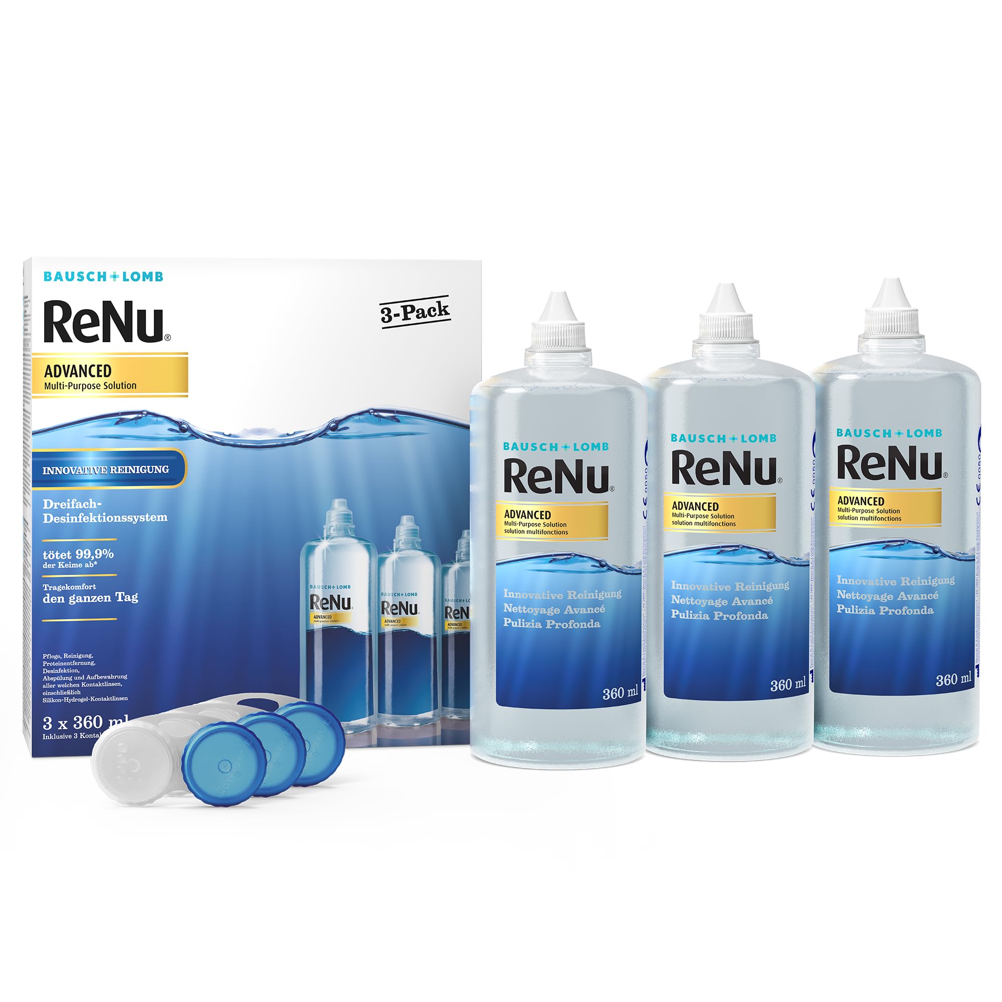 Bausch + Lomb ReNu Advanced Kombilösung mit 3fach Desinfektion - Kontaktlinsenreiniger, Aufbewahrungslösung, für weiche Linsen, 3er Pack 3 x 360 ml