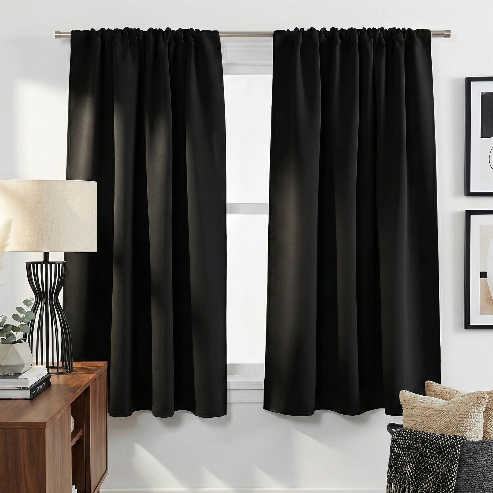 PONY DANCE Black Short Blackout Curtains for Kitchen 45 Inch Long, Thermal Insulated Black Out Curtain for Bedroom, Rod Pocket Drapes for Bathroom Small Window(2 Panels Set, 42 Inches Wide)