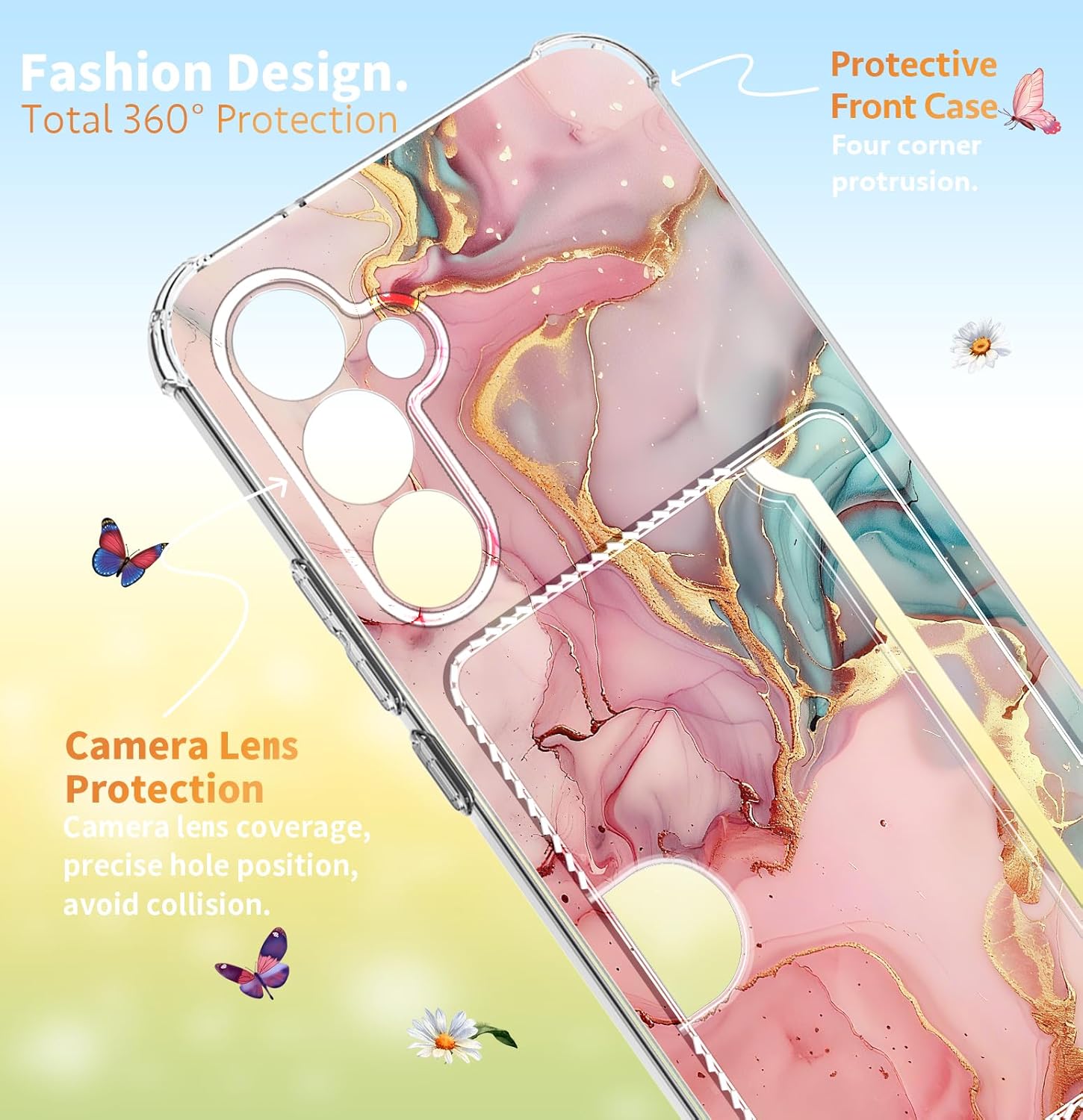 for Samsung Galaxy S26 Case 5G Phone Card Holder [Military Grade Drop Test] Full Body Protection Slim Shockproof Rugged Marble Cover 6.3" for Women Men (Pastel Gold with Holder)