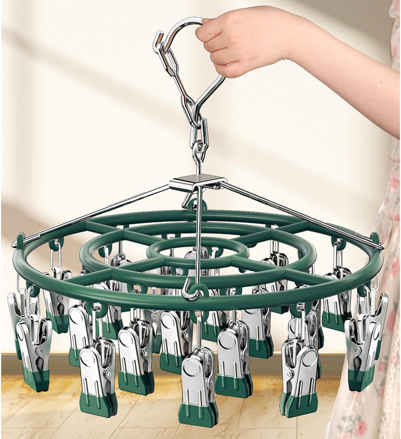 Drying Rack for Sock, Stainless Steel Sock Drying Rack with 24 Clips, Swivel Hook Windproof Hanger for Sock, Bras, Towel, Underwear, Laundry, Hat, Scarf, Pants, Gloves (Green)