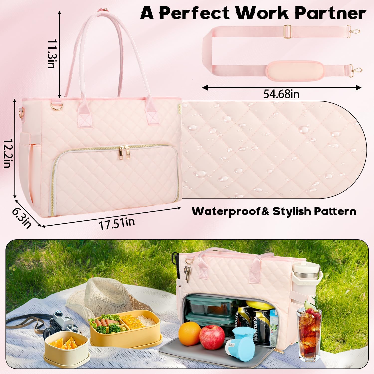 Lunch Tote Bag with 15.6 Inch Laptop Compartment& Water Bottle Pocket, Quilted Nylon Work Tote Bag with Large Insulated Lunch Compartment for Women School Business Teacher Nurse (Pink) - Image 8
