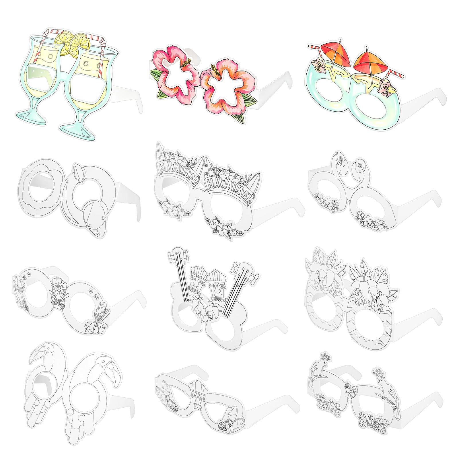 XIHIRCD 24pcs Summer Paper Coloring Eyeglasses, Hawaiian Paper Glasses