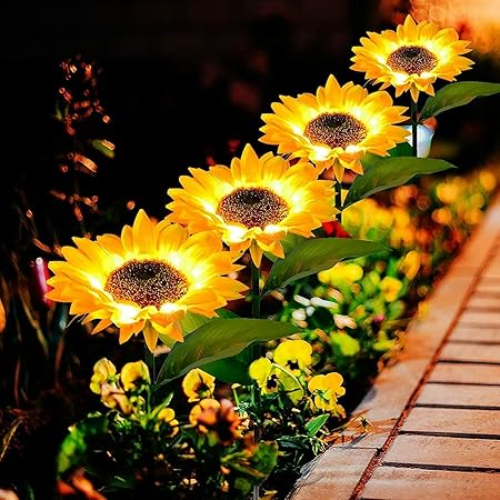 coku Solar Sunflower Garden Lights Outdoor Waterproof Solar powered Flower Pot Lights 8 LED's Dusk to Dawn Motion Sensor Swaying Landscape Ground Lamps Decorations for Patio Backyards Pack 4