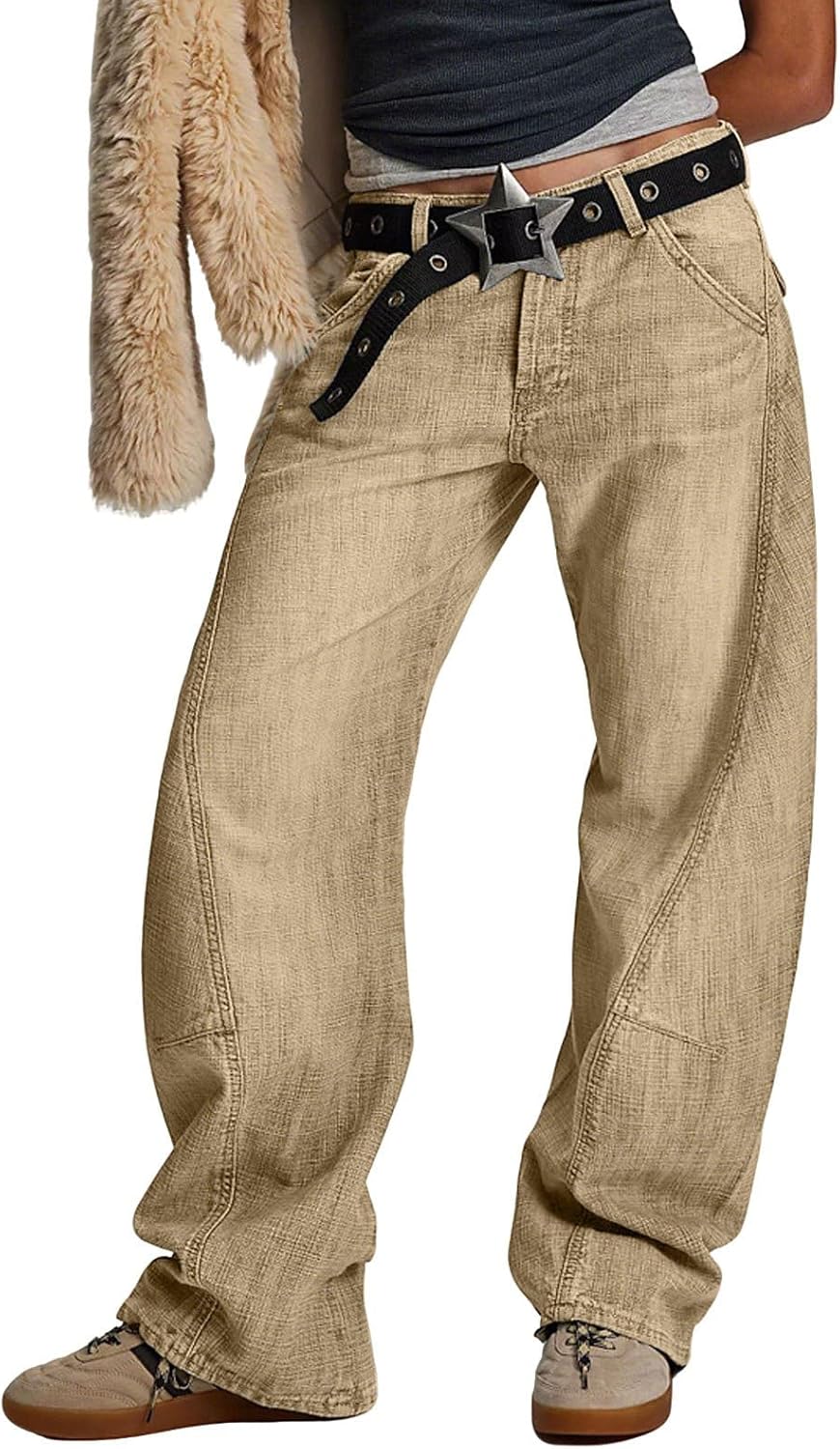 loveimgs Women Baggy Barrel Jeans Mid Rise Wide Leg Jeans Seam Front Patchwork Denim Pants Boyfriend Harem Sweatpant Trousers