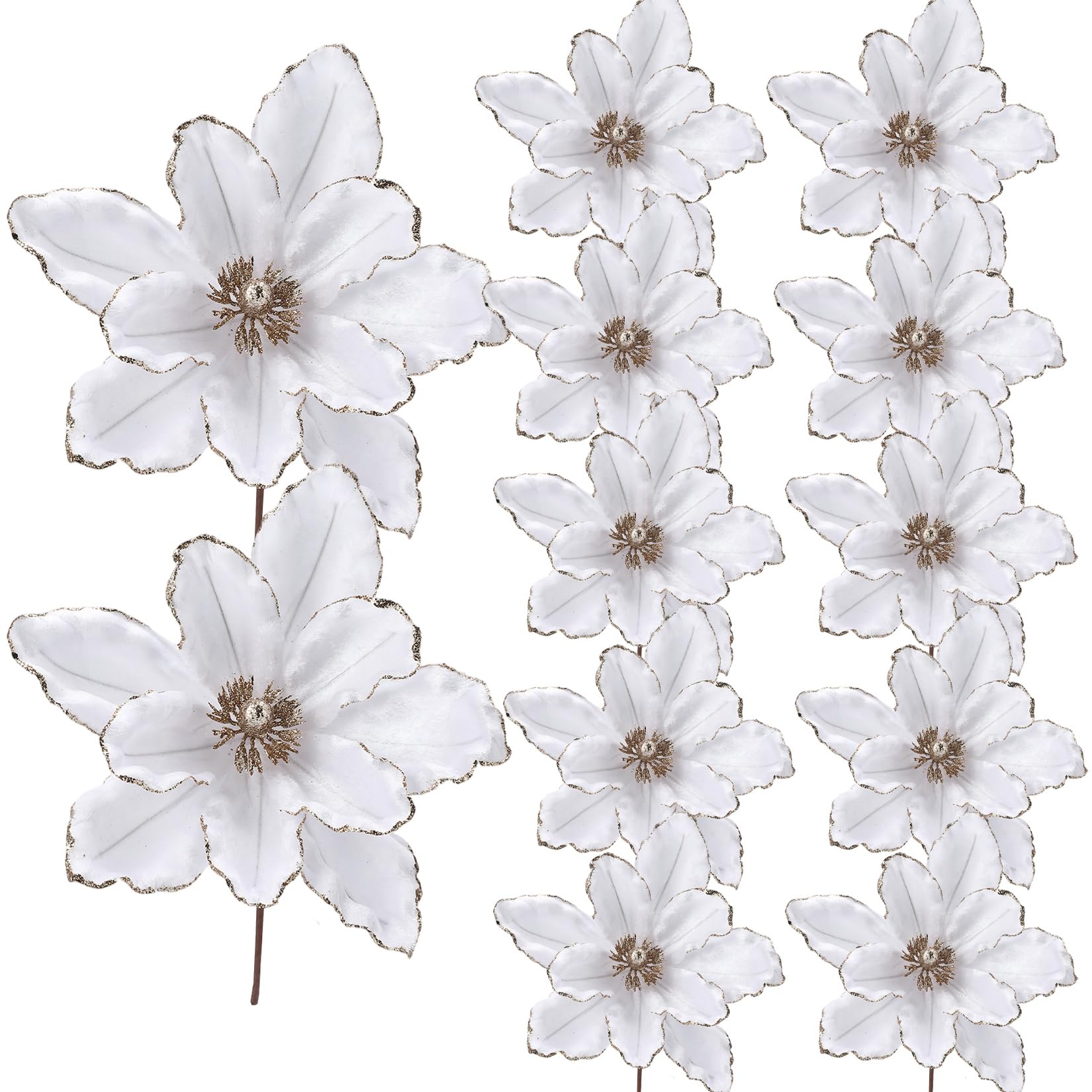 Takywep White Glitter Poinsettia & Magnolia Picks, 12 Pack 12 Inch Artificial Christmas Flowers with Stems, Decorative Florals for Tree and Wreath